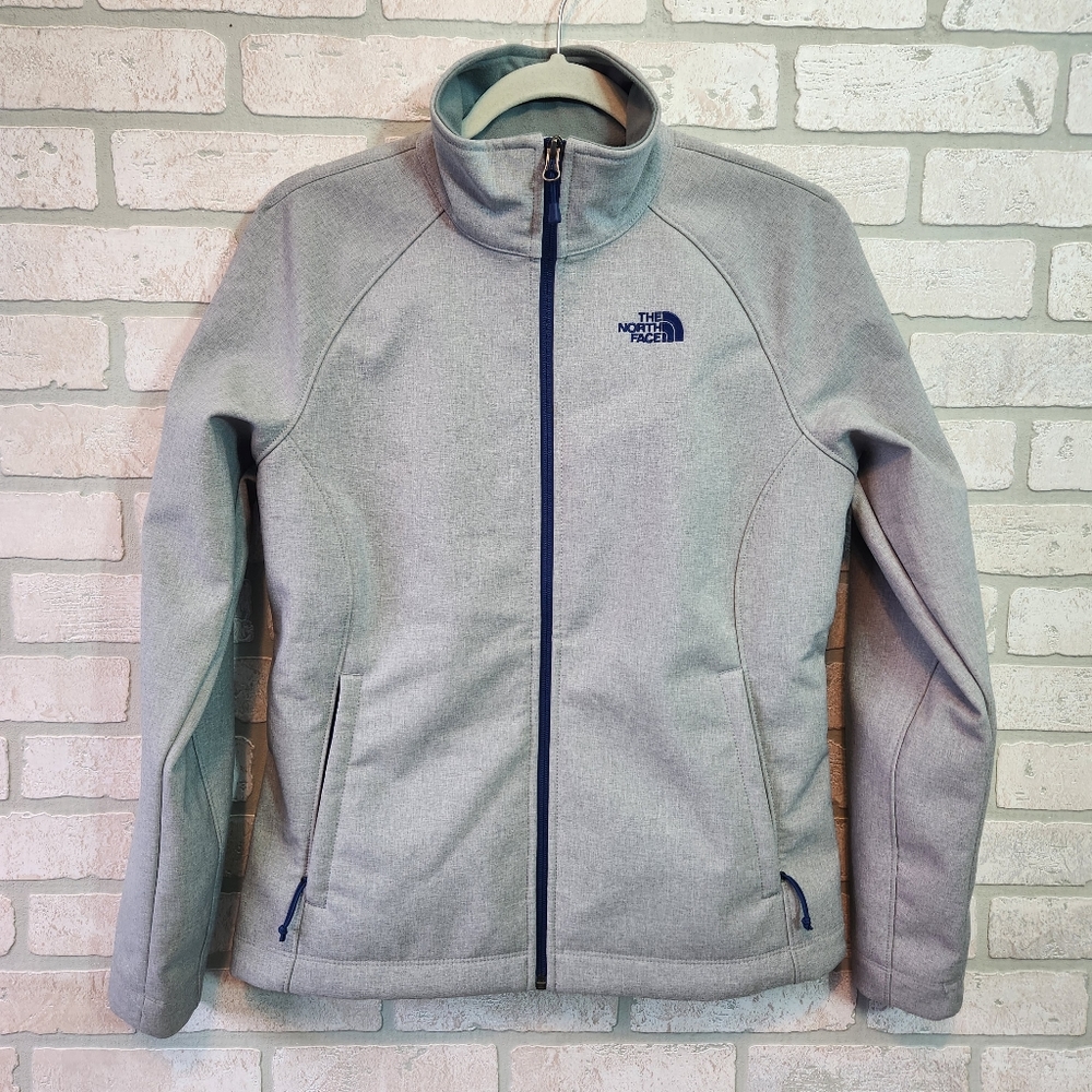 The North Face Womens Grey Jacket Full Zip Warm Navy Blue Stitching Size M  EUC